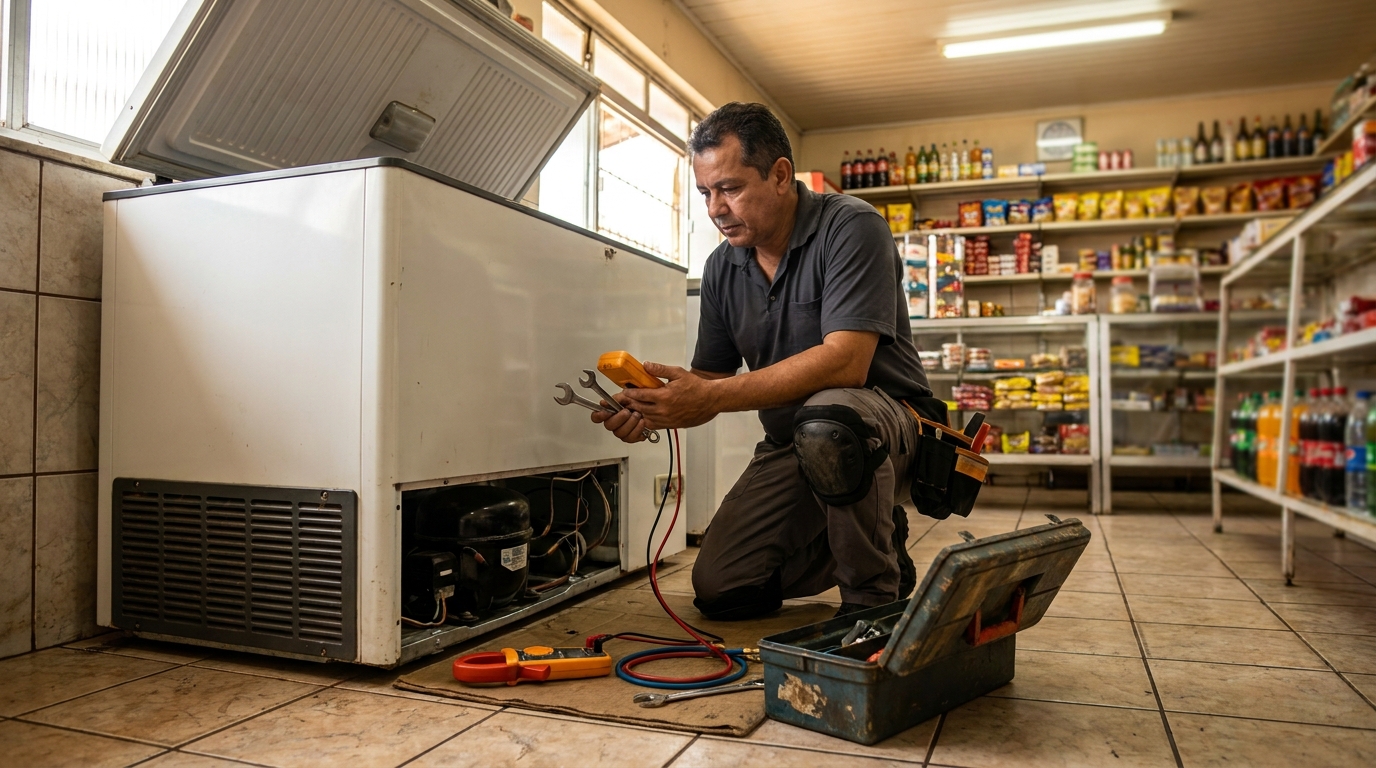Técnico reparando o motor de um freezer horizontal em Caxias do Sul‑RS