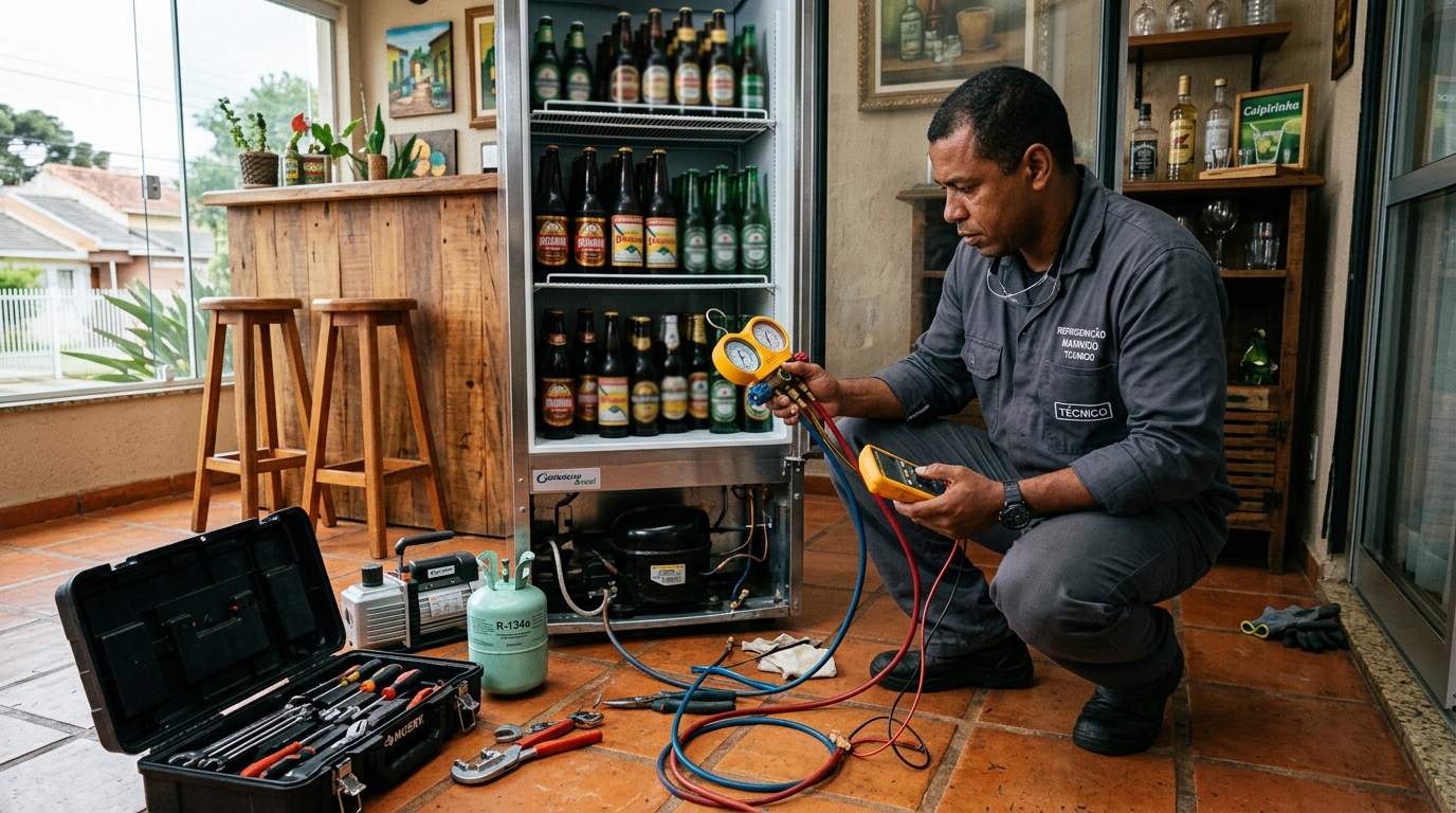 Técnico conferindo a temperatura de uma cervejeira durante atendimento em Caxias do Sul‑RS