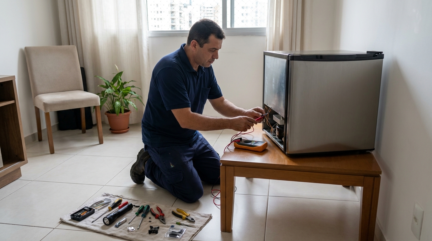 Técnico avaliando um frigobar compacto durante atendimento em Caxias do Sul‑RS